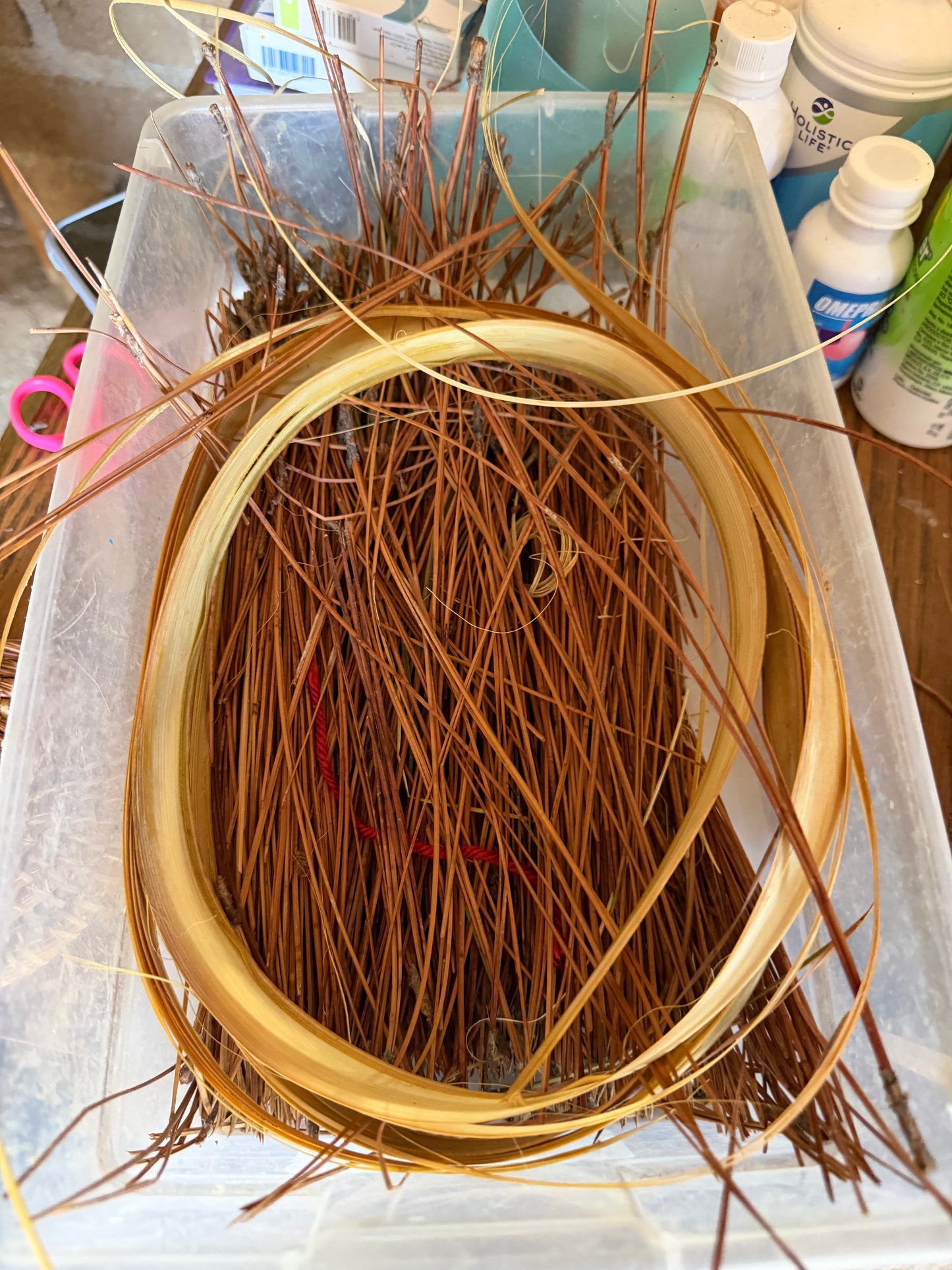 Hand made pine and palm open tray basket from Baja California