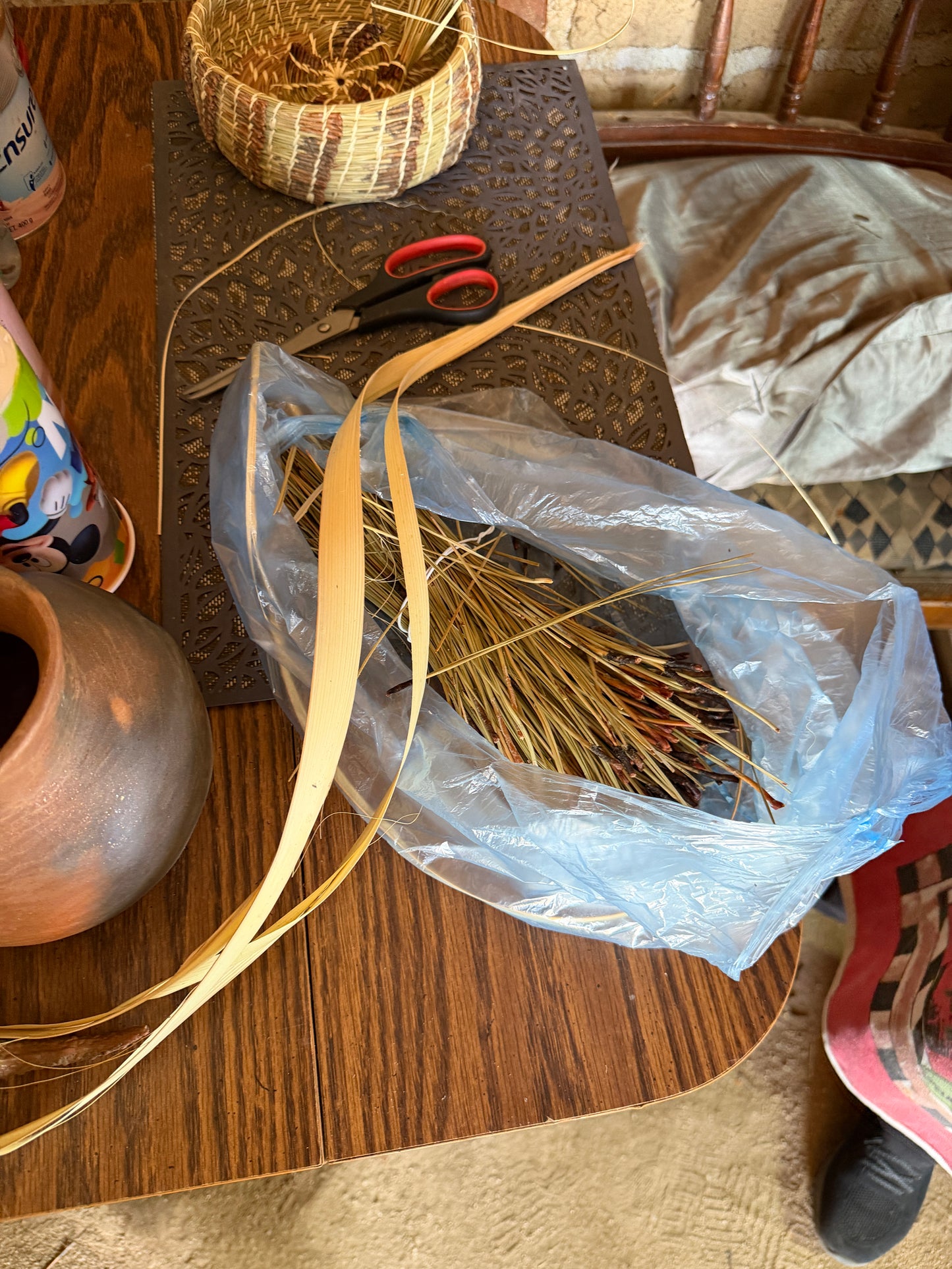 Hand made pine and palm open tray basket from Baja California